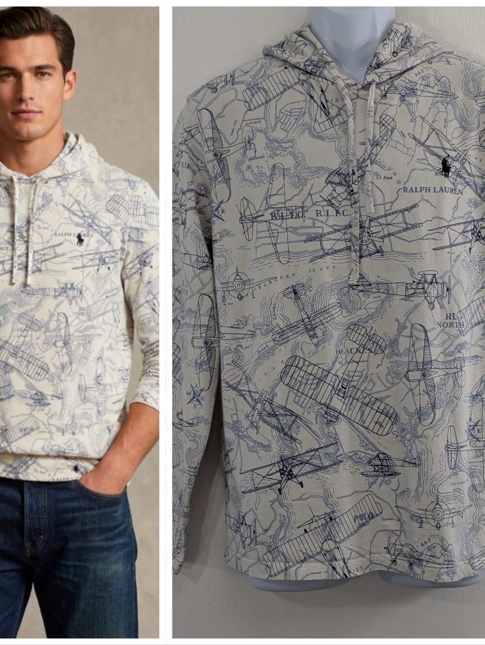 Polo Ralph Lauren Large Mens Aviation Logo Print Hooded Jersey Cotton T-Shirt